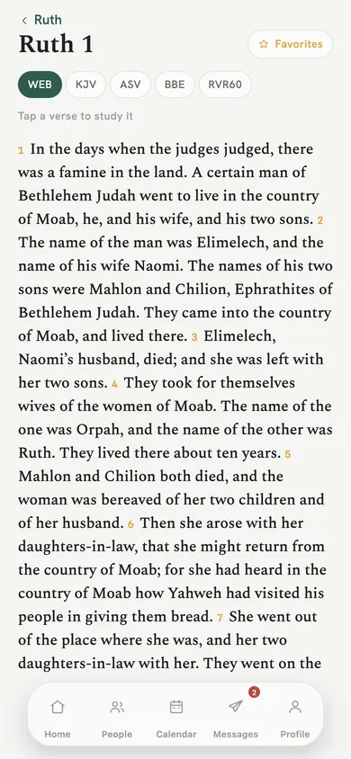 The Bible reader open at Ruth chapter 1.