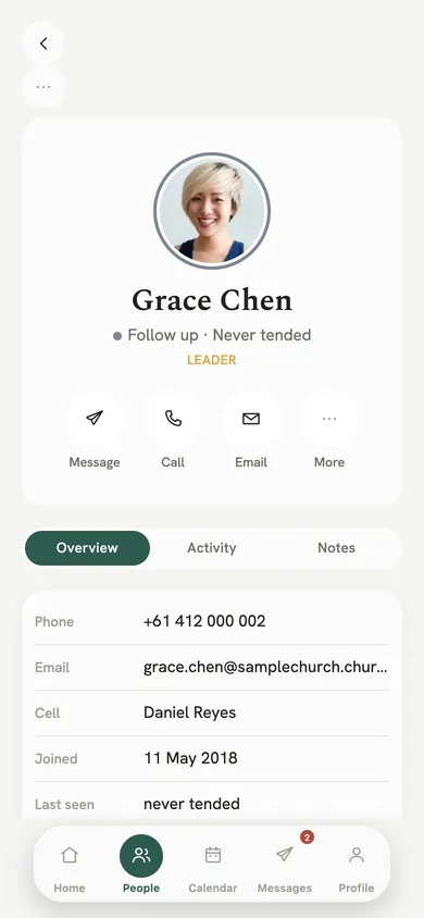 A person's profile with Message, Call, Email and More.