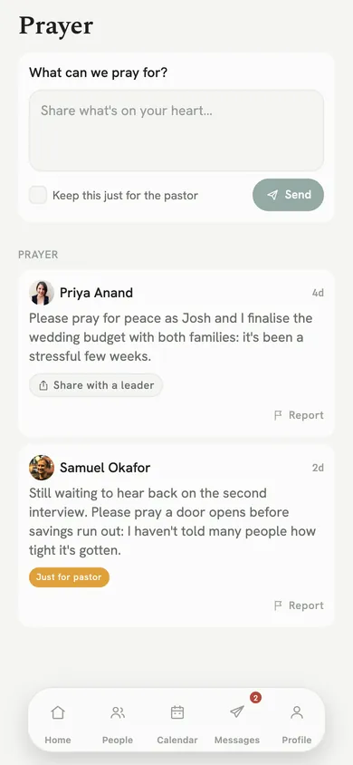 Prayer requests, with Share with a leader and Report.