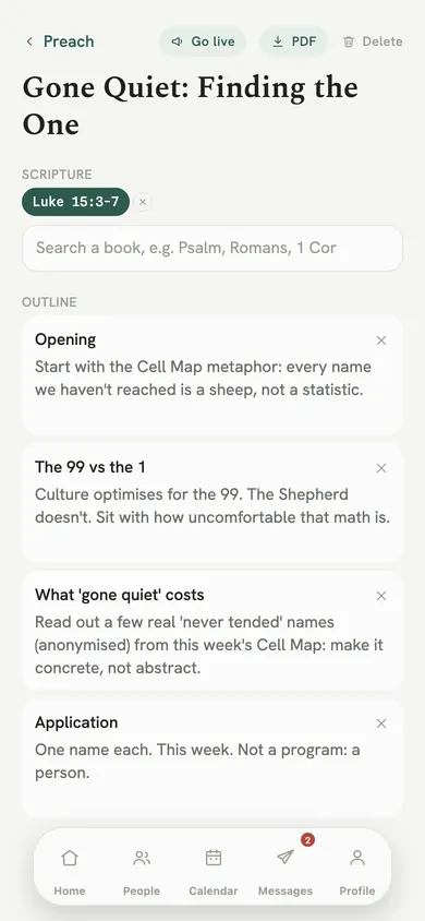 A sermon outline with a tagged passage and its sections.