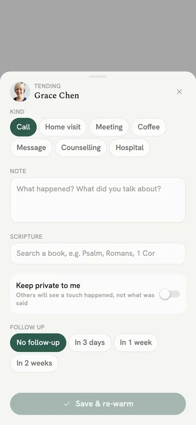 Tending a person: the kind of contact, a note, a verse, keep it private, and a follow-up.