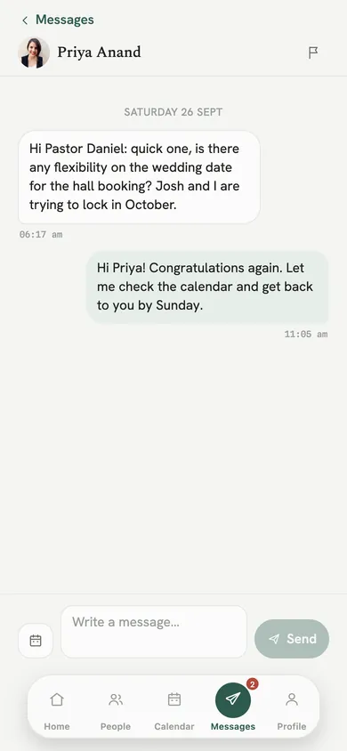 A message thread between a member and the pastor.